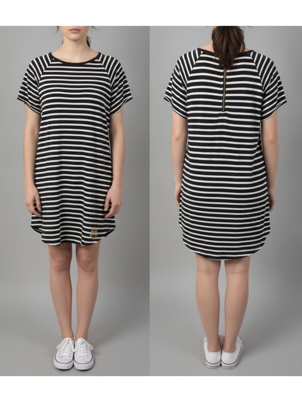 Michael Kors Black and White Striped Casual Dress with Gold Logo Detail XL